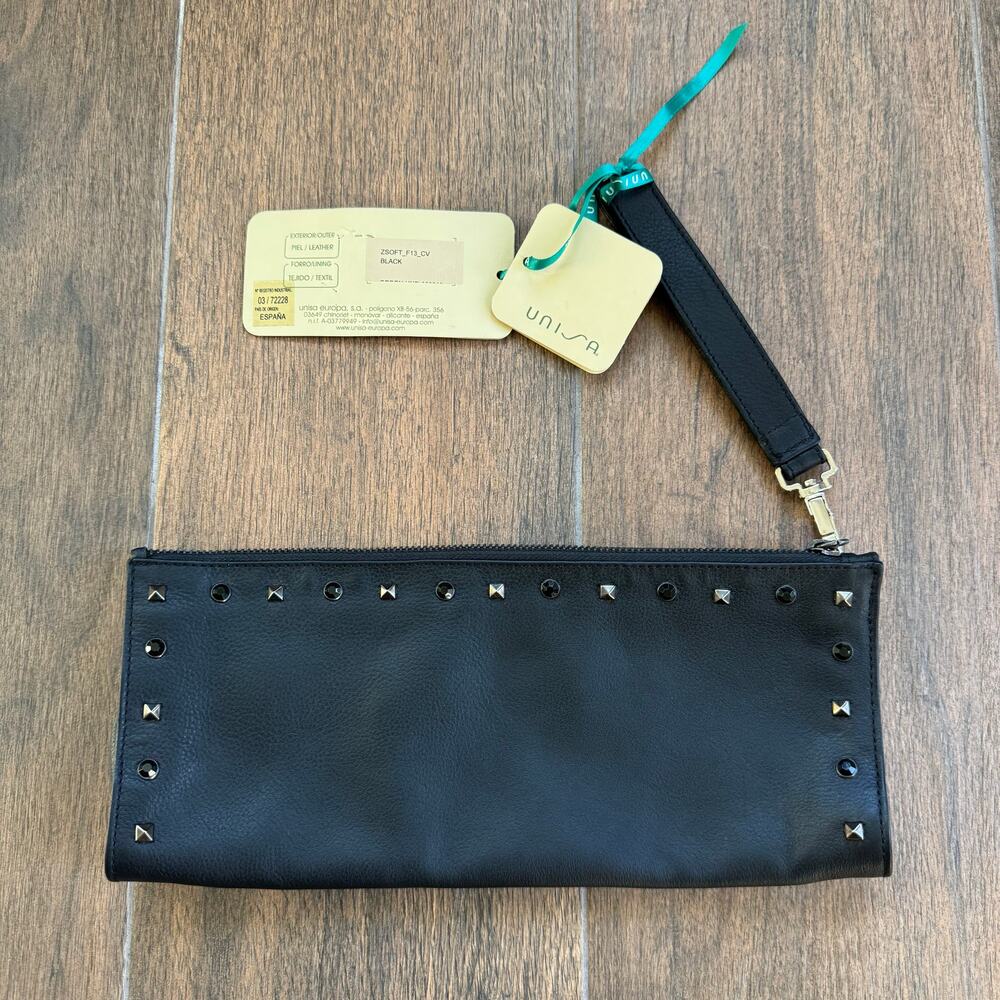 Unisa Black Leather Studded Wristlet Clutch Y2K NEW NWT 11"